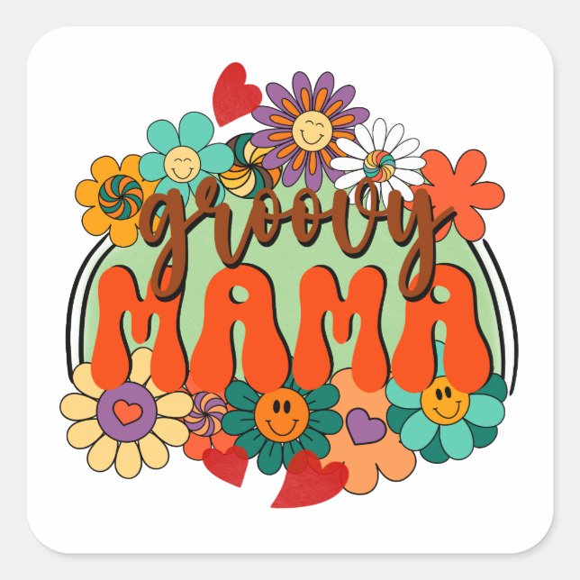 Mama Groovy Floral, Flowers Retro Motherhood Square Sticker (Front)