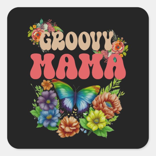 Mama Groovy Floral, Retro Floral Mothers Day Square Sticker (Front)