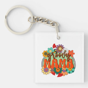 Mama Groovy Floral, Retro Mothers Day Flowers Key Ring