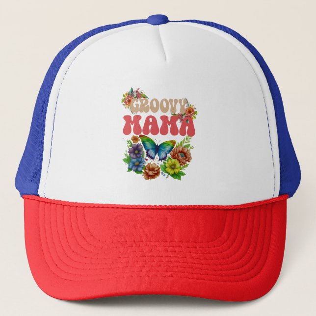 Mama Groovy Floral, Retro Mothers' Day Trucker Hat (Front)