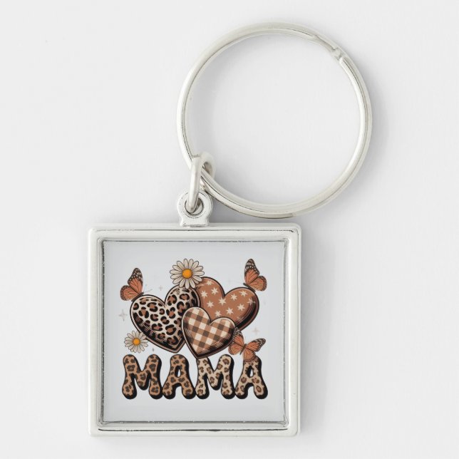 Mama Heart Leopard Print Silver Keychain (Front)