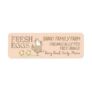 Mama hen and chicks on an egg-colored carton label