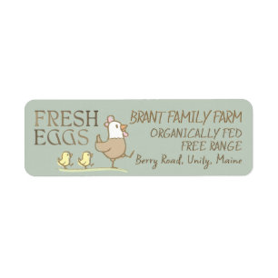 Mama hen and chicks on an egg-coloured carton labe