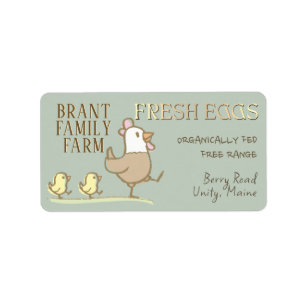 Mama hen and chicks on an egg-coloured carton labe label
