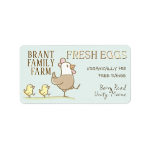 Mama hen and chicks on an egg-coloured carton labe label