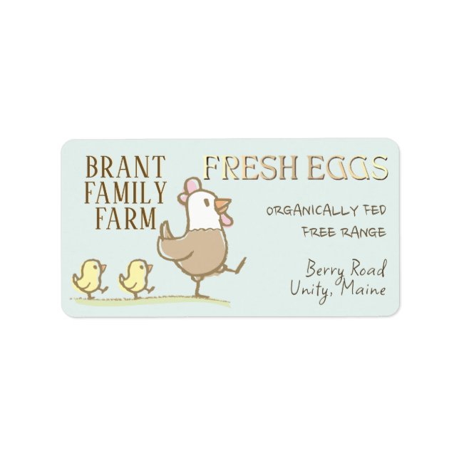 Mama hen and chicks on an egg-coloured carton labe label (Front)