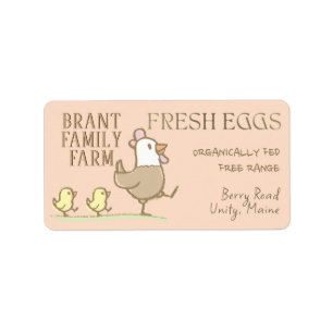 Mama hen and chicks on an egg-coloured carton labe label
