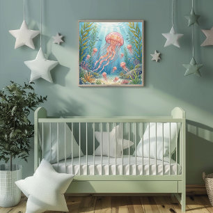 Mama Jellyfish and Babies Nursery Poster
