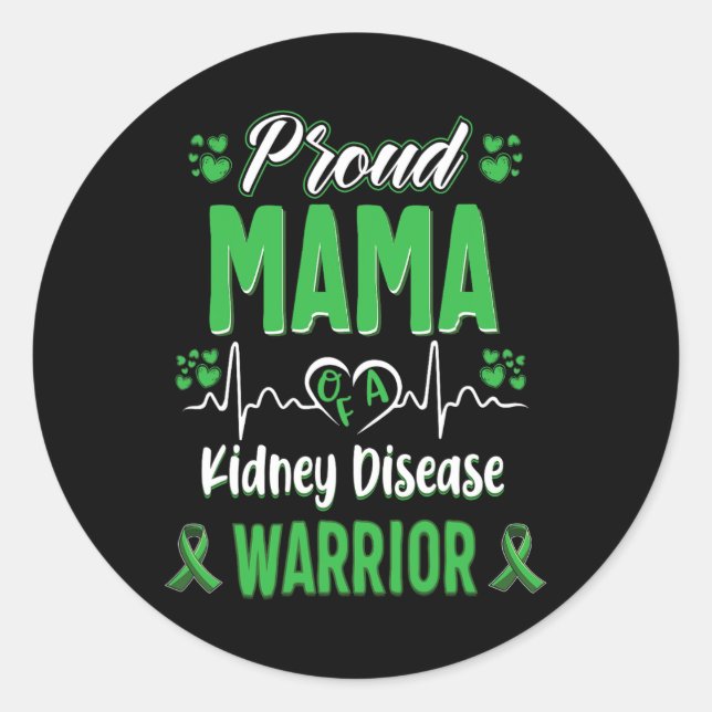 Mama Kidney Disease Warrior Awareness Ribbon Green Classic Round Sticker (Front)