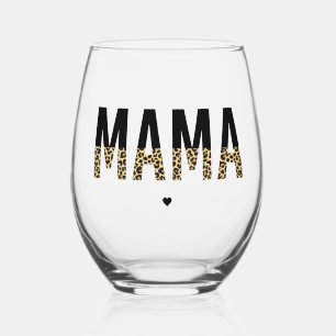 Mama Leopard print Typography Mum Gifts Stemless Wine Glass