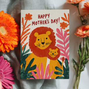 Mama Lion with Cub Botanical Happy Mother's Day Card
