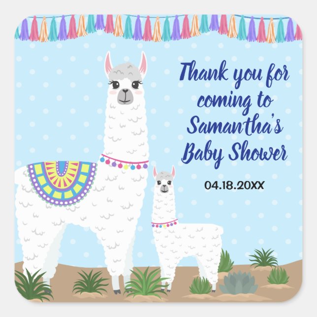 Mama Llama and Baby Blue Polka Dot Baby Shower Square Sticker (Front)