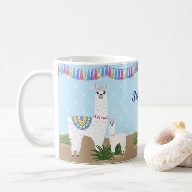 Mama Llama and Baby Llama Blue Polka Dot Coffee Mug (With Donut)