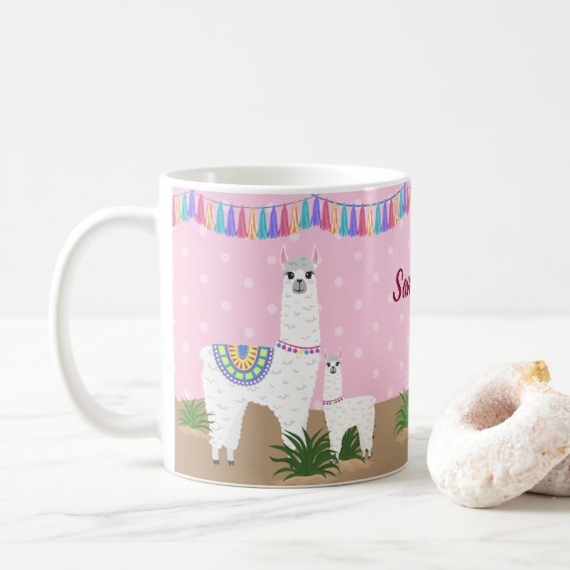 Mama Llama and Baby Llama Pink Polka Dot Coffee Mug (With Donut)