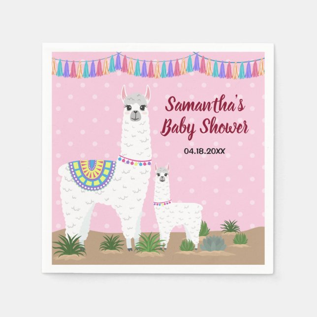 Mama Llama and Baby Pink Polka Dot Baby Shower Napkin (Front)