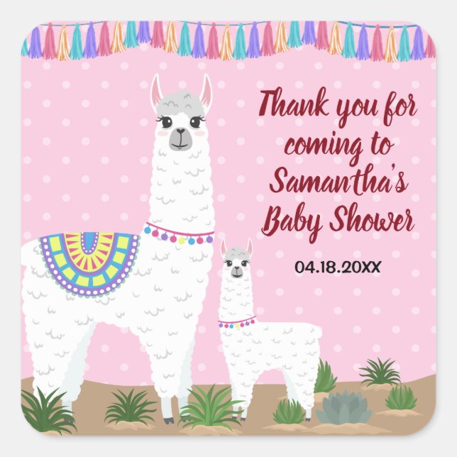 Mama Llama and Baby Pink Polka Dot Baby Shower Square Sticker (Front)