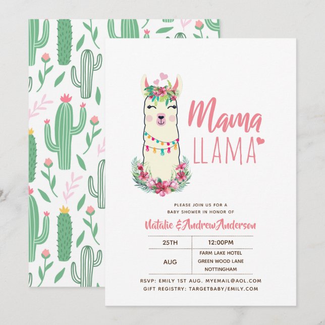 Mama Llama Baby Shower Fiesta Cacti Cute Girls Invitation (Front/Back)