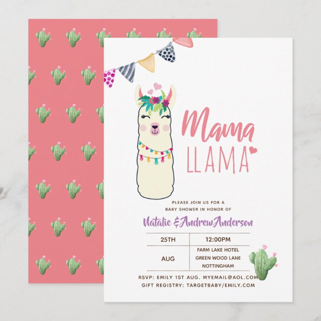 Mama Llama Baby Shower Fiesta Cacti Cute Girls Invitation (Front/Back)