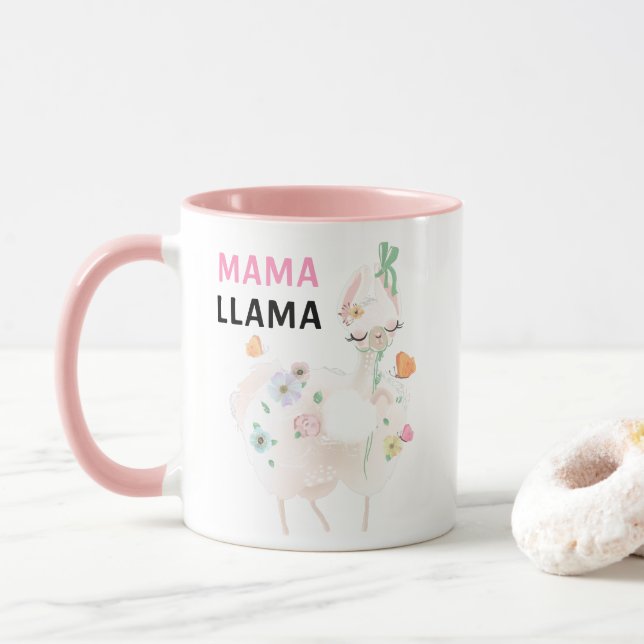 Mama Llama Funny Pink Girly Floral Llama Mug (With Donut)