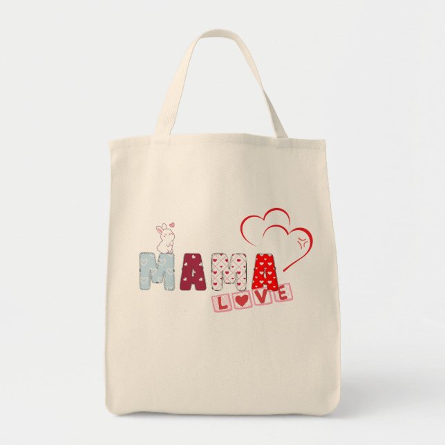 Mama Love Bunny Tote Bag – Cute Patchwork Heart (Front)