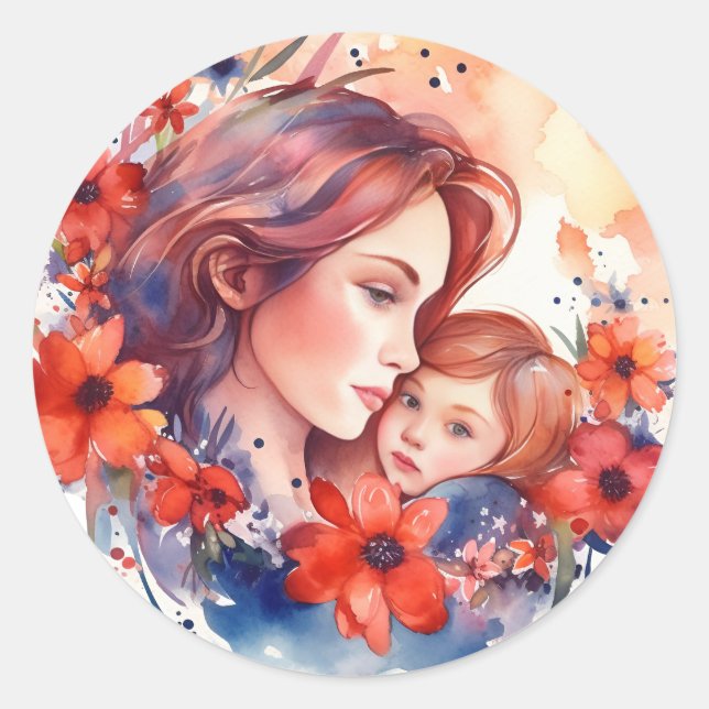 Mama Mother's Day  Beautiful woman Mother with kid Classic Round Sticker (Front)