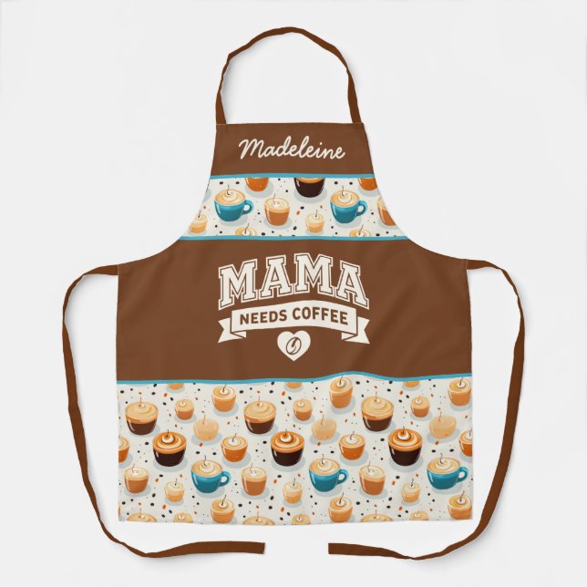 MAMA Needs Coffee Brown White Heart Coffee Bean Apron (Front)