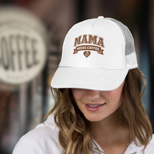 MAMA Needs Coffee Brown White Heart Coffee Bean Trucker Hat