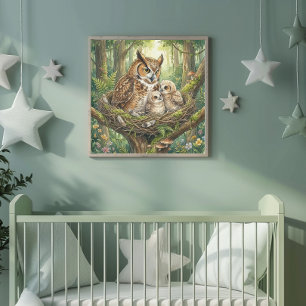 Mama Owl and Her Owlets Nursery Poster