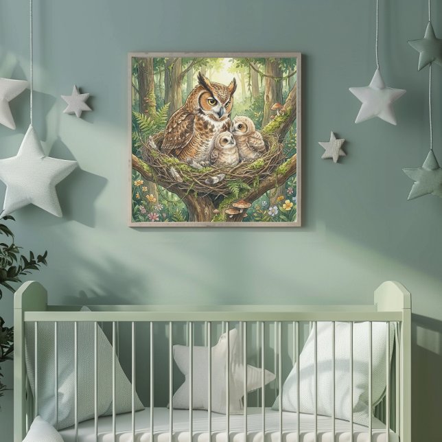 Mama Owl and Her Owlets Nursery Poster (Creator Uploaded)