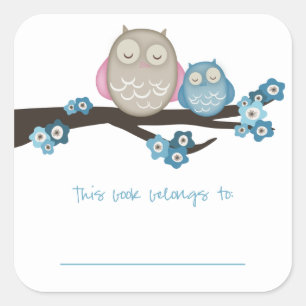 Mama Owl & Baby {Blue}   Bookplates Square Sticker