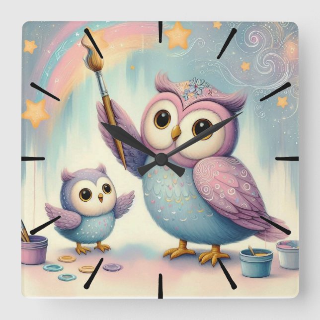Mama Owl & Baby Square Wall Clock (Front)