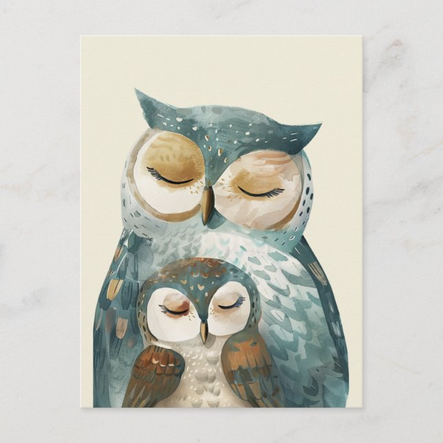  Mama Owl& Owlet  Watercolor Woodland Mother's Day Postcard (Front)