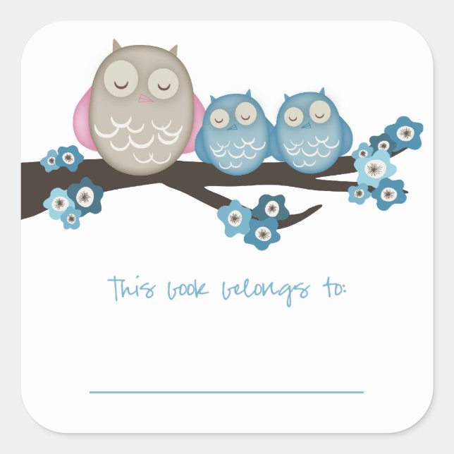 Mama Owl & Twins {Blue} | Bookplates Square Sticker (Front)