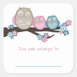 Mama Owl & Twins {Pink & Blue} | Bookplates Square Sticker
