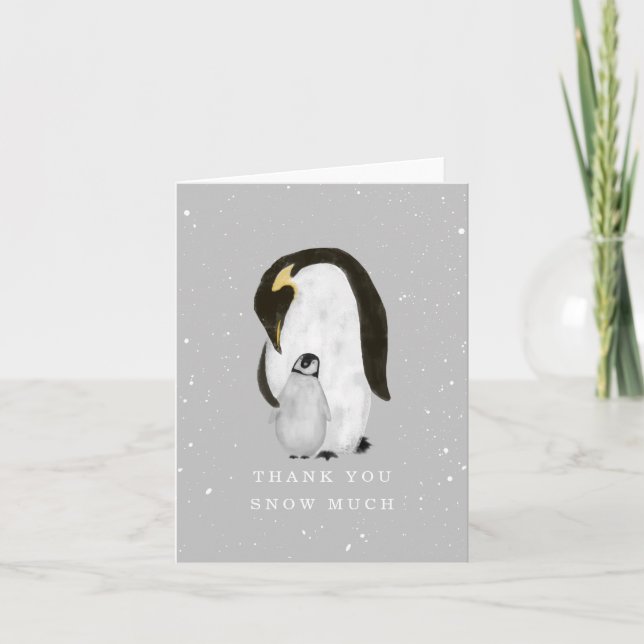 Mama Penguin Grey Winter Neutral Baby Shower Thank Thank You Card (Front)