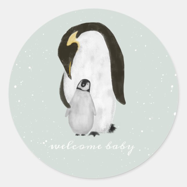 Mama Penguin Winter Snow Blue Boy Baby Shower Classic Round Sticker (Front)