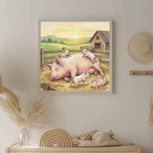 Mama Pig and Piglets Nursery Poster