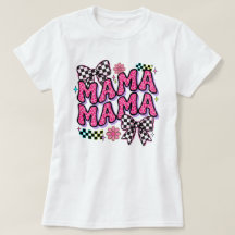 Mama Pink Leopard Print Checkerboard Bow T-Shirt T