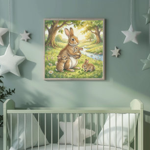 Mama Rabbit and Her Babies Nursery Poster