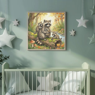 Mama Racoon and Her Babies Nursery Poster
