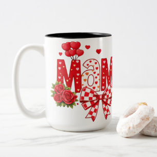 Mama Red Rose Hearts and Chequered Bow Graphic Two-Tone Coffee Mug