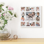 Mama Script Family Memory Photo Grid Collage Square Wall Clock<br><div class="desc">A beautiful personalised gift for your Mama that she'll cherish for years to come. Features a modern thirteen photo grid collage layout to display 13 of your own special family photo memories. "Mama" designed in a beautiful handwritten black script style. Each photo is framed with a simple gold-coloured frame. Simple...</div>
