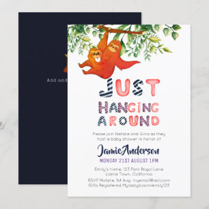 Mama SLOTH Just Hanging Around Blue Baby Boy Invitation