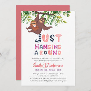 Mama SLOTH Just Hanging Around Pink Baby Girl Invitation