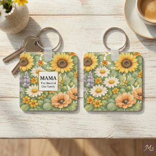 MAMA Sunflower Lavender Gold Frame Square Keychain