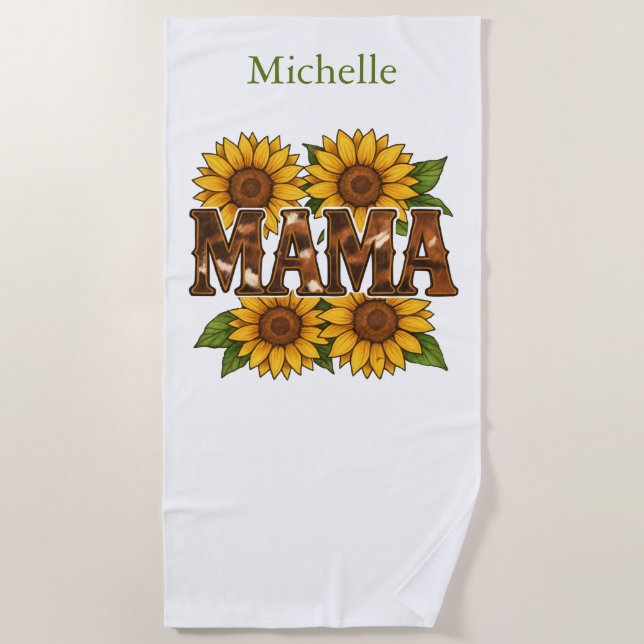 Mama Sunflowers Monogram Name Initials, Gift Mum Beach Towel (Front)