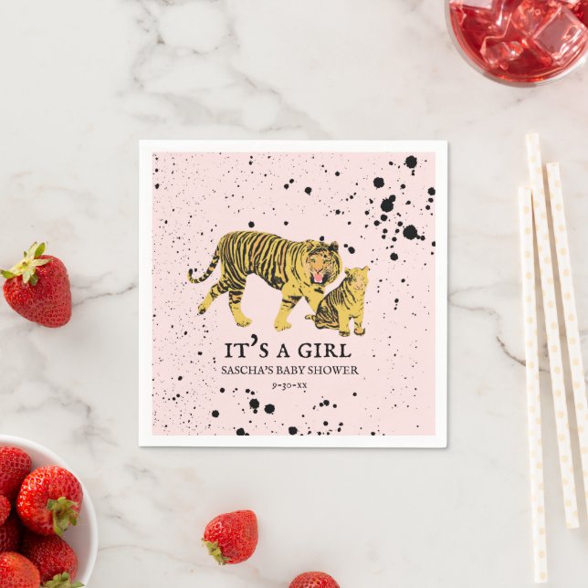 Mama Tiger Paint Splatter Pink Girl Baby Shower Napkin (Insitu)