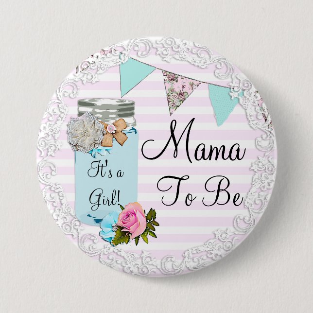Mama to be Blue Mason Jar Rustic Button (Front)