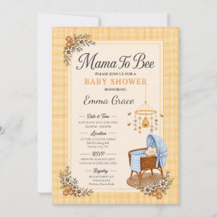 Mama to Bee Baby Shower w/ Blue Plaid Bassinet Invitation