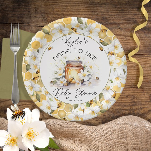 Mama to Bee Flowers and Bees Honey Baby Shower Paper Plate (Creator Uploaded)